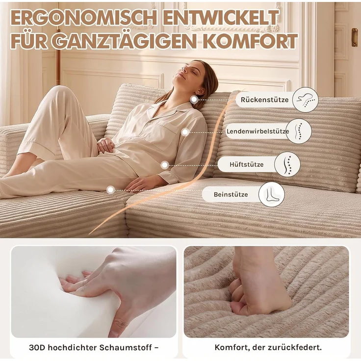 COMHOMA Ecksofa mit Schlaffunktion, 255cm Corduroy Modulares Boneless Couch mit Chaiselongue & Rücken-Metallgestell, L-Form Schlafsofa mit offenem Design, Kissen & Seitentaschen,für Wohnzimmer, Beige-R – Bild 10
