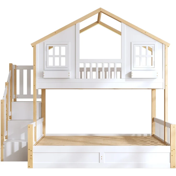 Merax Etagenbett, Kinderbett, 90*200+140*200cm, Holzbett, Hausbett, mit hydraulischem Unterbett, Hochbett mit LED und Stauraumtreppe, weiß+Naturfarbe – Bild 9