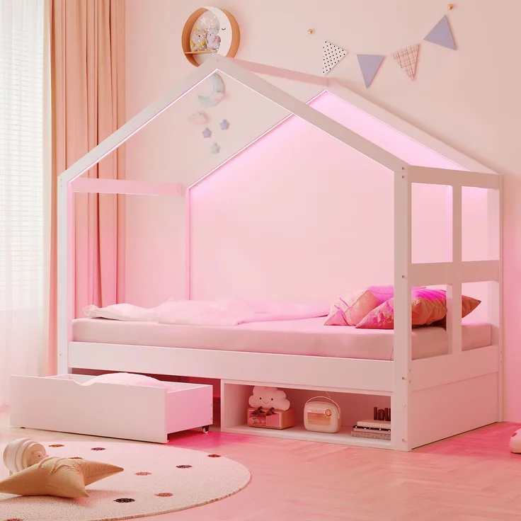 Merax Einzelbett, Jugendbett, Holzbett 90×190 cm, mit Schubladen und kleinem Schuhschrank, mit mehrfarbiger LED-Beleuchtung, Lattenrost, Weiß
