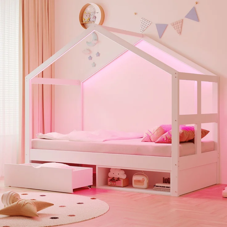 Merax Einzelbett, Jugendbett, Holzbett 90×190 cm, mit Schubladen und kleinem Schuhschrank, mit mehrfarbiger LED-Beleuchtung, Lattenrost, Weiß – Bild 1
