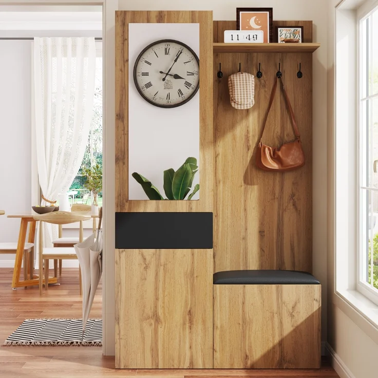 Merax Garderobenset mit 5 Garderobenhaken, Spiegel, Schuhschrank, Einbauschrank mit oberen Regalen, Schubladen, oberen Ablagefächern, Holzfarbe – Bild 1