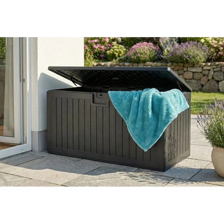 Aufbewahrungsbox Lilo Kissenbox Gartentruhe 140x70 cm Holzmaserung Schwarz – Bild 8