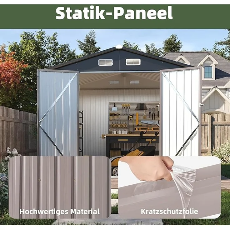Aoxun Großes Gerätehaus aus Metall 235x171x196cm, wetterfestes Gartenhaus mit Doppeltür & Satteldach, abschließbarer Geräteschuppen für Garten, Hinterhof, Terrasse, Braun – Bild 4