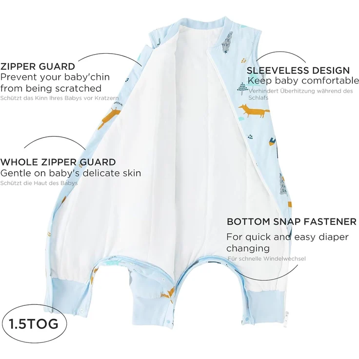 Duomiaomiao Baby Schlafsack, 1x Ganzjahresschlafsack, 1.5tog-elefanten Dschungel, 75cm / Babygröße 80-90cm, 100% Baumwolle – Bild 3
