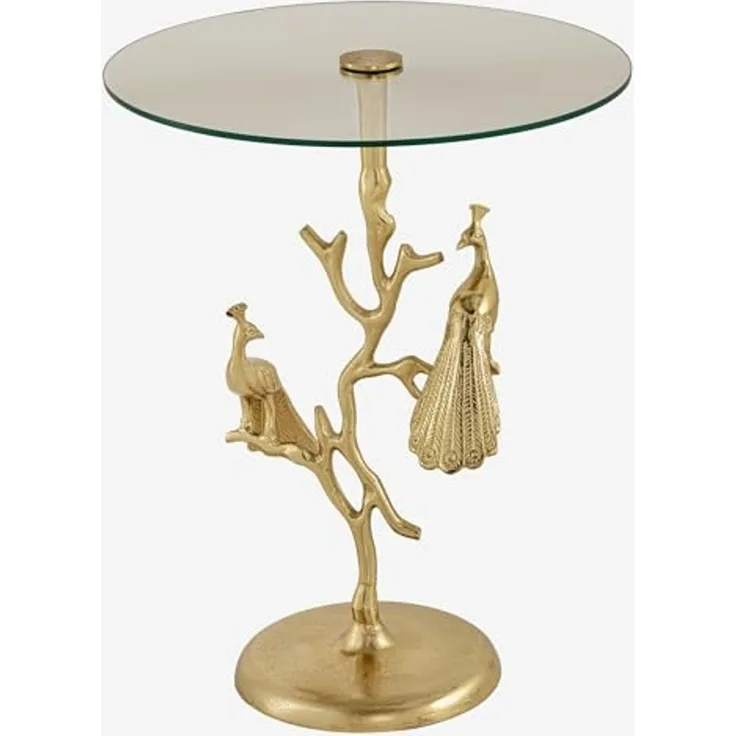 riess-ambiente Beistelltisch WILDLIFE PEACOCK 60cm gold / transparent · Wohnzimmertisch aus Metall (Einzelartikel, 1-St), mit Glas-Tischplatte · rund · handmade · Pfauen-Skulptur · Design