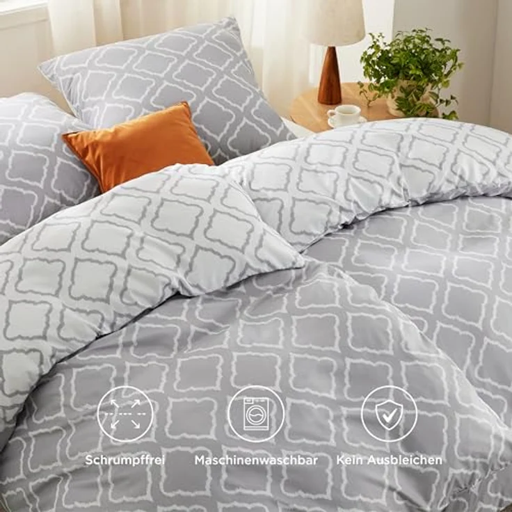BEDSURE Bettwäsche 135x200 2teilig Bettbezug - Bettwäsche-Sets 135x200 cm mit Kissenbezug 80x80 cm, Weich Wendebettwäsche Bedding Gitter Grau Muster für Einzelbett mit Reißverschluss – Bild 4