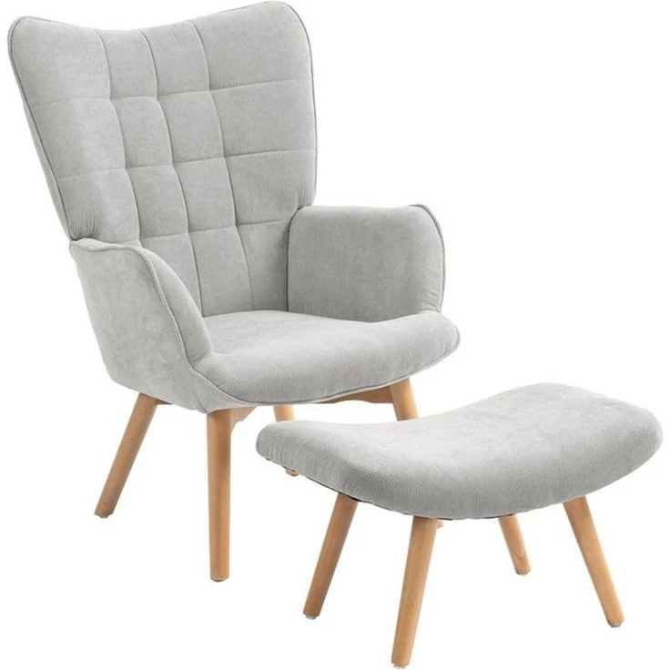 HOMCOM Relaxsessel Ohrensessel mit Hocker, Polstersessel in Cord-Optik (Loungesessel, 2-St, Armlehnstuhl), für Wohnzimmer, Grau – Bild 4