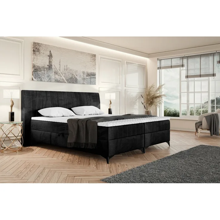 MEBLINI Boxspringbett NANI 160x200cm - H3P/Schwarz Samt - mit Bettkasten - Polsterbett - Doppelbett mit Topper & Taschenfederkern-Matratze
