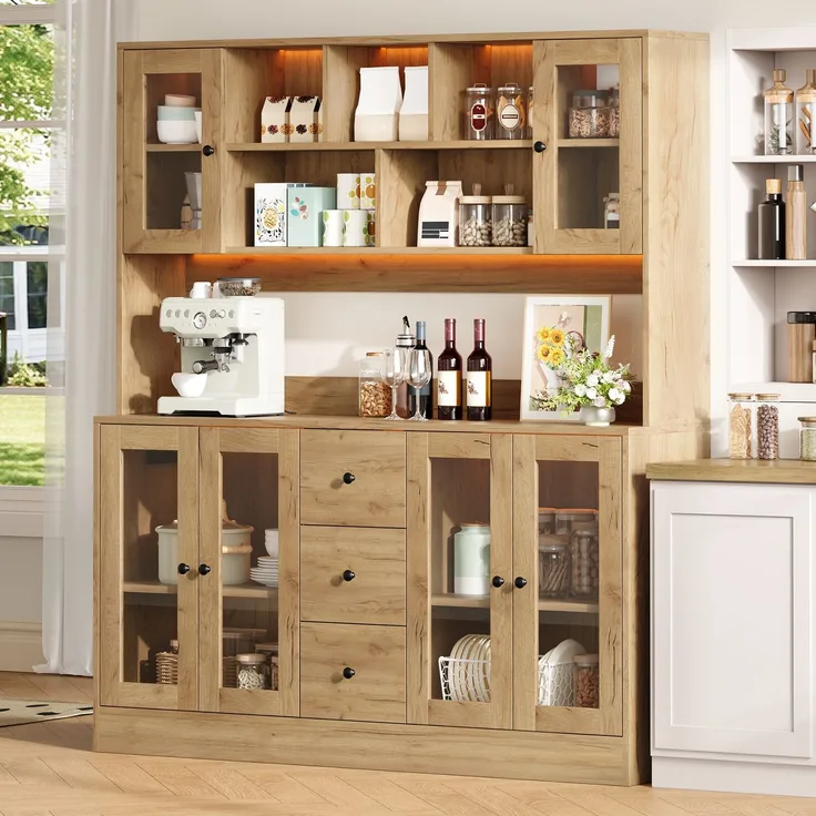 Küchenschrank, hoher Aufbewahrungsschrank mit LED-Beleuchtung und Steckdosen, Vorratsschrank mit 6 Acryltüren und 3 Schubladen, Vitrinenschrank für Wohnzimmer und Esszimmer, 150 × 40 × 173 cm--Natürlich--150x40x173cm--YOUDENOVA