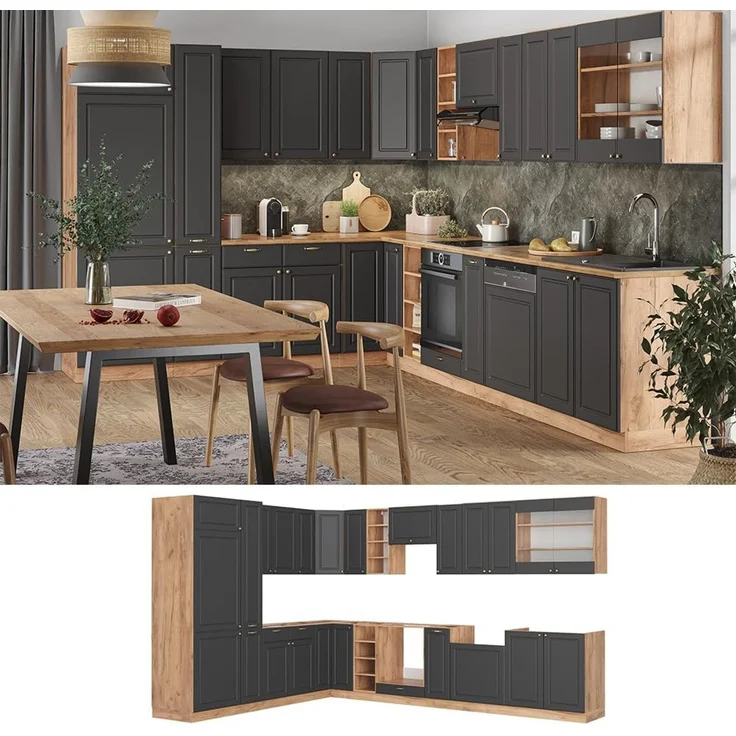 Eckküche Fame-Line Anthrazit-Gold Landhaus/Goldkraft Eiche 347 x 257 cm ohne Arbeitsplatte Vicco – Bild 5