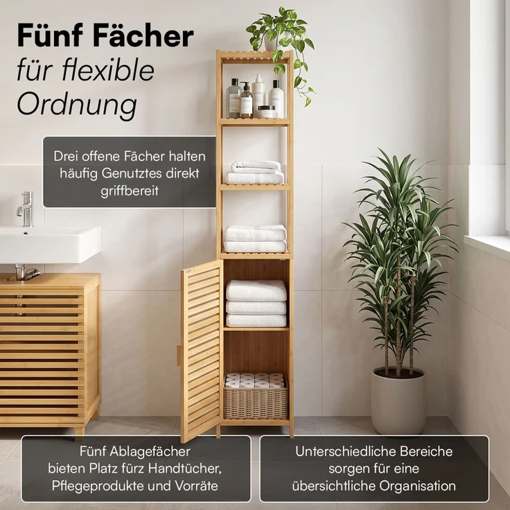 Bellamio 'Newa' Badezimmer Hochschrank, Bambus, natur, 165x33x33 cm, Badezimmerschrank mit 5 Ablagefächern – Bild 3