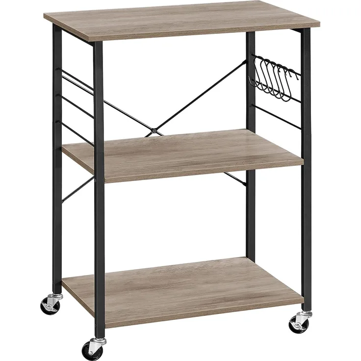 Vasagle Küchenregal auf Rollen, Servierwagen mit 3 Ebenen, Küchenwagen, Mikrowellen-Regal, für Mini-Backofen, Toaster, Metallrahmen, mit 6 Haken, Industrie-Design, Greige-schwarz KKS060B02