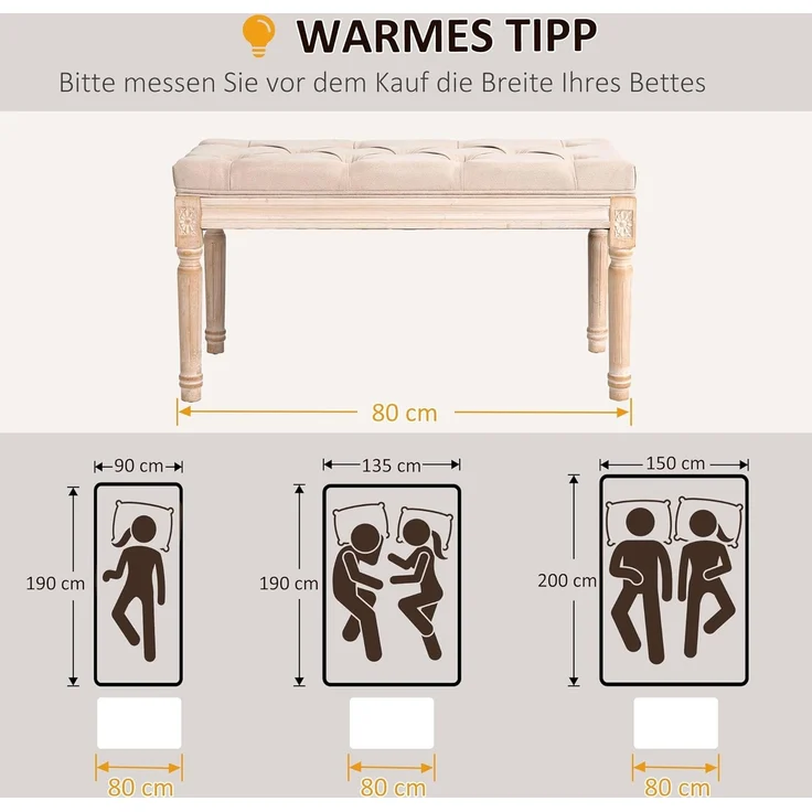 HOMCOM Polsterbank Flurbank mit Knöpfen (Bettbank, 1-St, Sitzbank), Beige 80 x 40 x 43cm – Bild 3