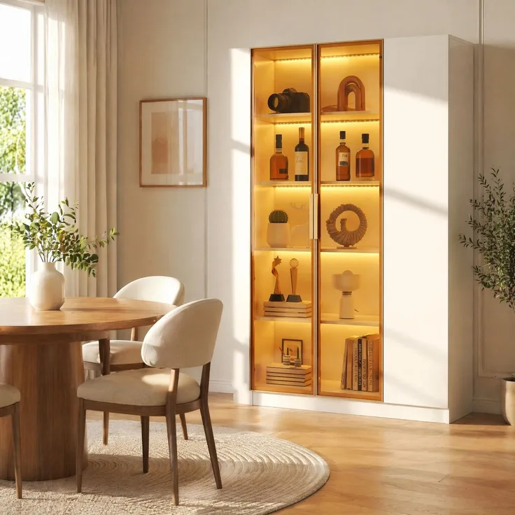 Vitrinenschrank 110 x 35 x 165 cm aus MDF mit Sicherheitsglas und LED