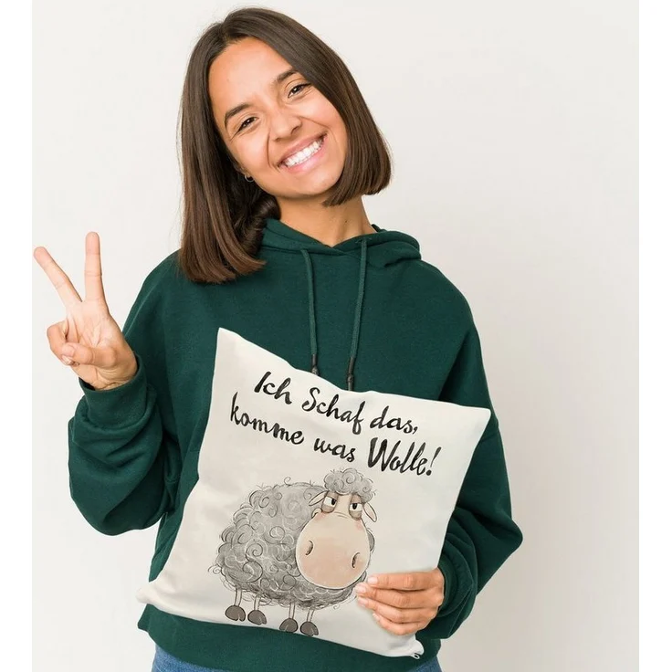 speecheese Dekokissen Schaf Kissen mit Spruch Ich Schaf das komme was Wolle – Bild 1