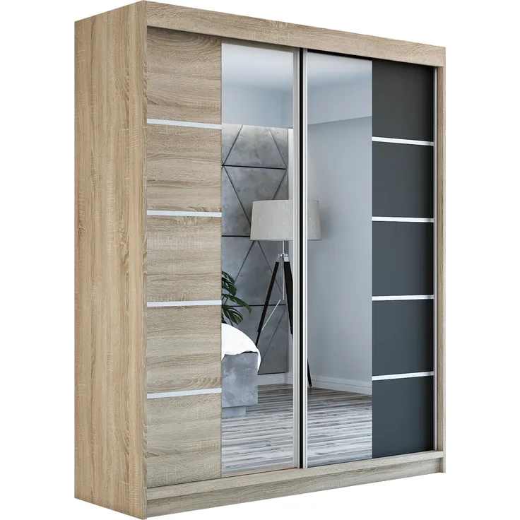 Schwebetürenschrank ERA 2-türig Schrank 180 cm (mit Spiegel) Farbe: Sonoma , schwarz