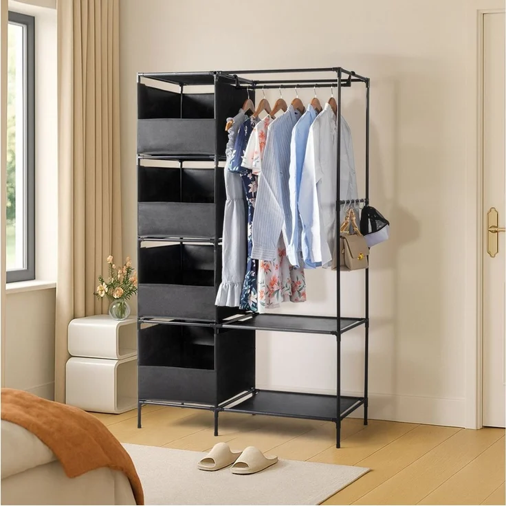 HT Stoffschrank Kleiderschrank aus Vliesstoff, 170x102x42,5cm 4-stufiger zweireihiger Hängeschrank mit Vorhängen und Ablagefächern – Bild 3