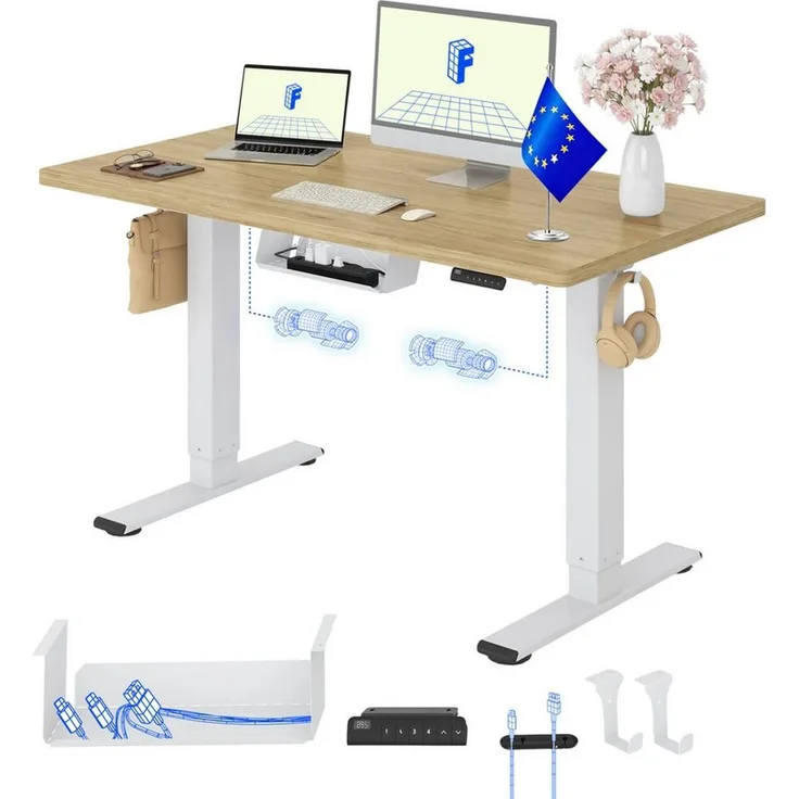FLEXISPOT Schreibtisch Basic Plus höhenverstellbarer Schreibtisch mit Premium-Zubehör-Set (2 Motore & 2-Fach-Teleskop & 4 Höhenspeichertasten), MIT 25MM einteiliger Tischplatte, MADE in EU, 120/140/160/180