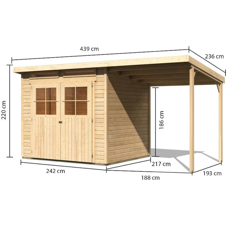 Karibu Gartenhaus 19mm Glücksburg 4 mit Anbau 426x217 cm naturbelassen – Bild 2
