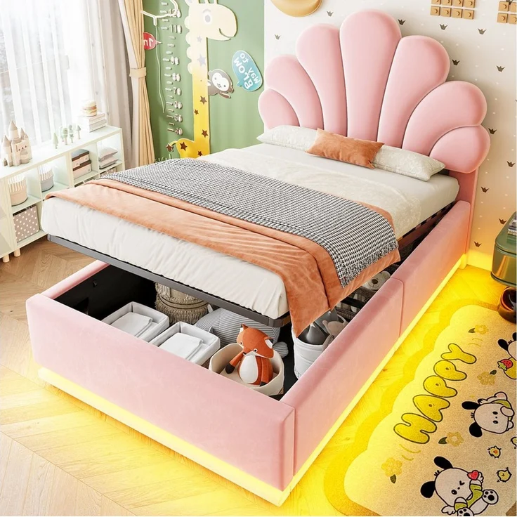 Odikalo Stauraumbett 90×200 140×200 Kinderbett Polsterbett Jugendbett Beige mit LED (Blütenförmigem Kopfteil Hydraulischem Stauraum Beleuchtung und Metallrahme Samtstoff Beige Rosa Ohne Matratze) – Bild 1