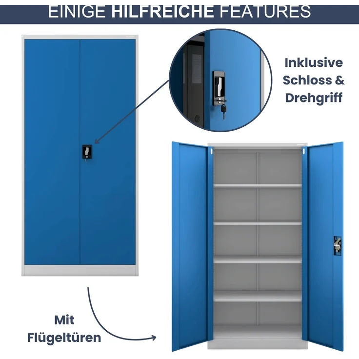 Aktenschrank abschließbar KADO - 5 Ebenen verstellbar, Flügeltüren | Metallschrank Werkstatt Mehrzweckschrank Büroschrank aus Stahl Werkzeugschrank, 185x90x40cm Grau-Blau – Bild 5