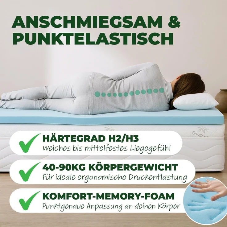 Welldora, Topper BRAUCHT 7–10 Tage, UM Sich GANZ ZU ENTFALTEN, 5 cm hoch, - Memory Foam, (Weich & Druckentlastend, für Harte Matratze), Matratzentopper für Seiten- & Rückenschläfer – Bild 3