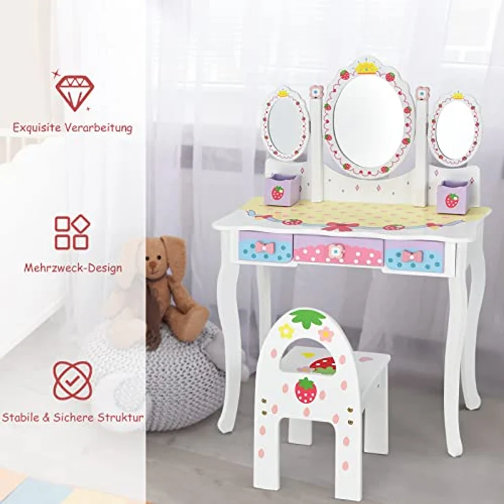 COSTWAY Kinder Schminktisch Set, Prinzessin Frisiertisch mit Klappbarem Spiegel, Schminkhocker und 3 Schubladen, Make-up Schminktisch Frisierkommode für Kinder Mädchen (Weiß) – Bild 6