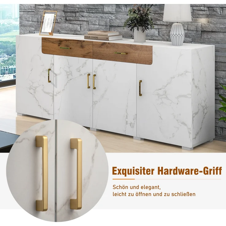 Sideboard, mit 4 Türen, 2 Schubladen & 8 Holzfüßen, 208x39,5x80 cm, Weiß/Braun – Bild 7