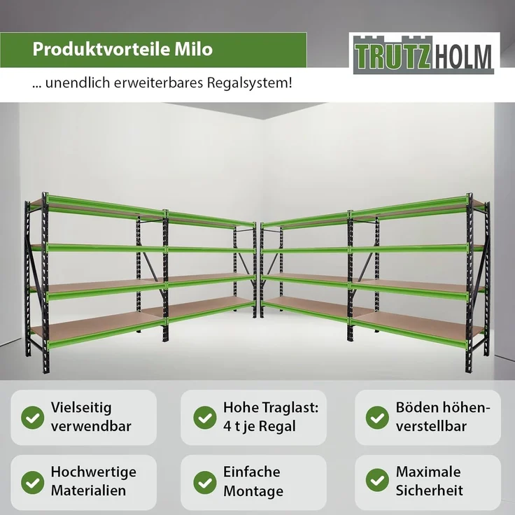 4x Industrieregal Milo 200x190x60cm steckbar, erweiterbar 4 Ebenen 4 Tonnen Schwerlastregal Regal – Bild 8