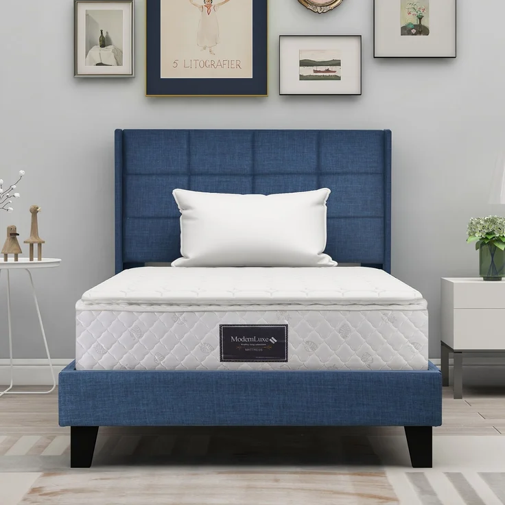 EINHOM Modernes Design Polsterbett mit Seinem Gepolstertes Kopfteil Einzelbett mit Lattenrost, 90 x 200 cm, in Blau Leinen, Mittelfest, (Mit Matratze) – Bild 3