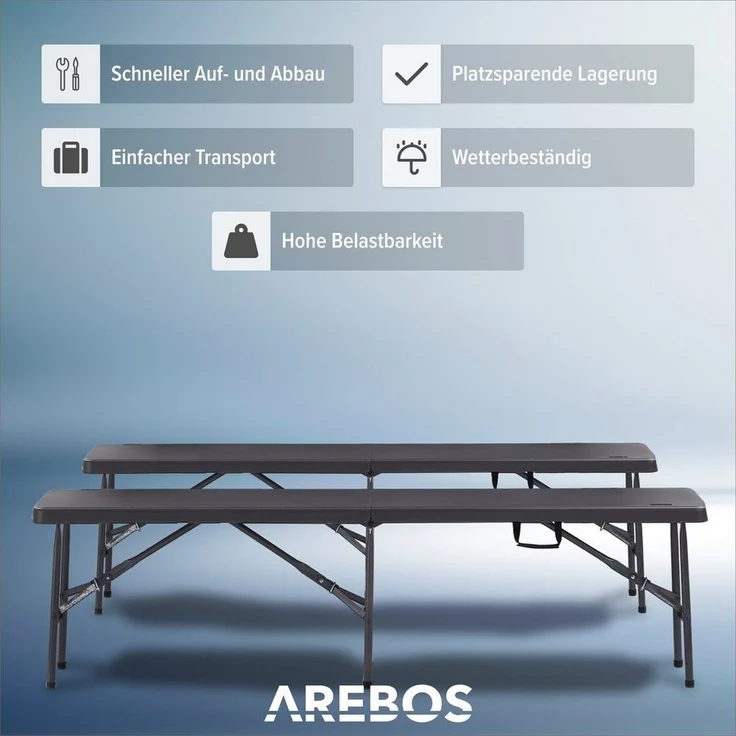 Arebos Bierzeltgarnitur 2x Bierbank Faltbank Klappbar I Tragegriff, 183 x 28 x 43 cm, Tragkraft max. 150 kg (je Bank) – Bild 2