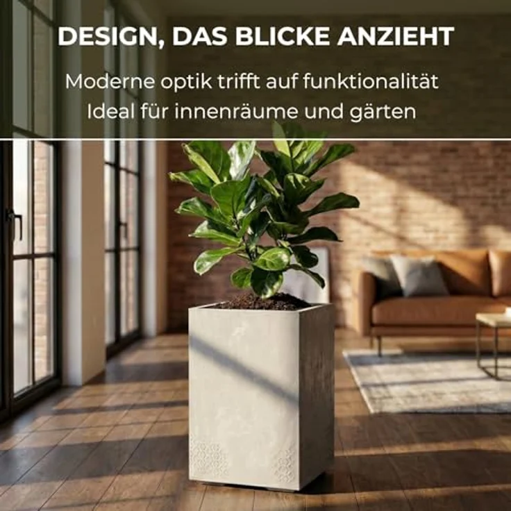 LAMELA Pflanzkübel mit Rollen Höhe 60 cm, 36L – Blumentopf aus Kunststoff in Betonoptik – Übertopf mit Wasserablauf – Modern für Innen & Außen - Wetterfest & Pflegeleicht, Hellgrau – Bild 4
