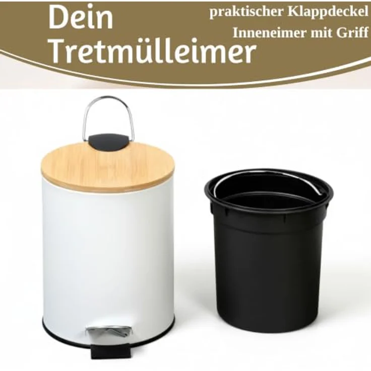 LS-LebenStil Kosmetikeimer Tretmülleimer 3L, Weiß Matt, Soft Close mit Bambus Deckel, Rund mit herausnehmbarem Inneneimer für Bad und Küche – Bild 9
