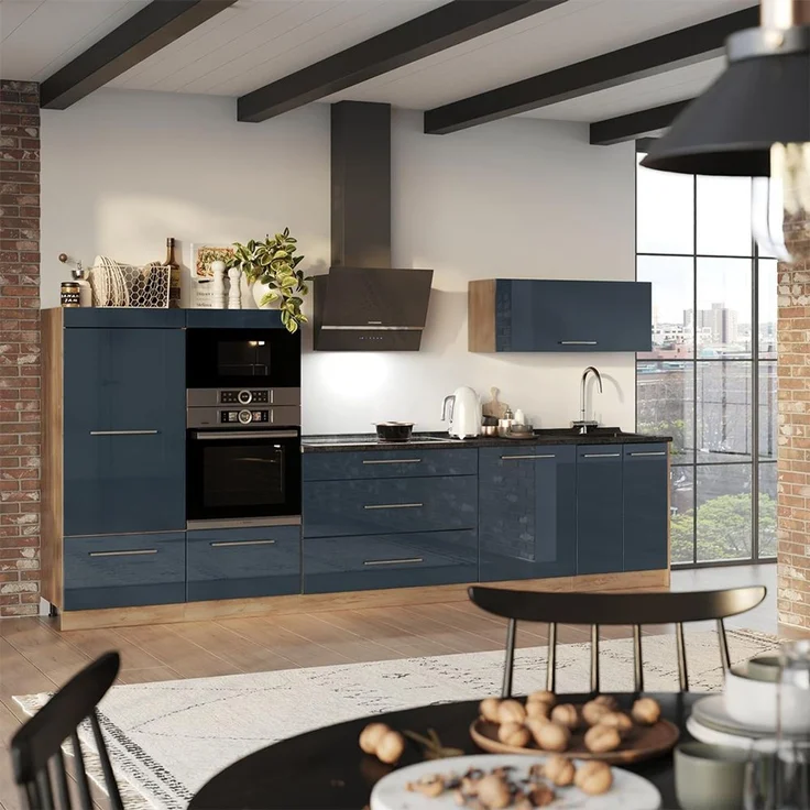 Küchenzeile Fame-Line Dunkelblau Hochglanz/Goldkraft Eiche 340 cm, AP Marmor Vicco – Bild 3