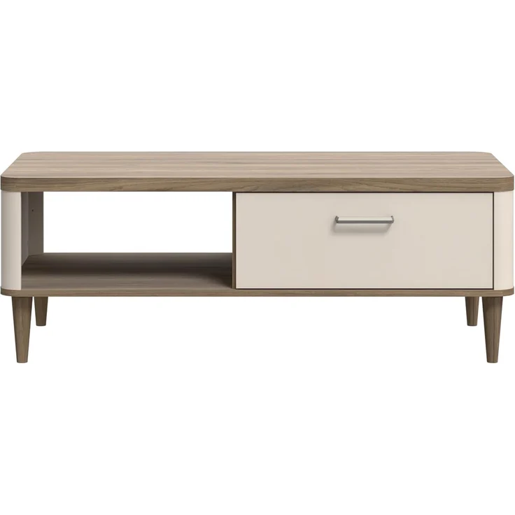 Forte LACETTI Couchtisch 120, moderner Sofatisch mit Skandi Lamellen Design, 1 Schublade, Kaschmir | Beige mit Valencia Eiche Holzdekor, 120 cm breit x 43,7 cm hoch x 60 cm tief – Bild 3