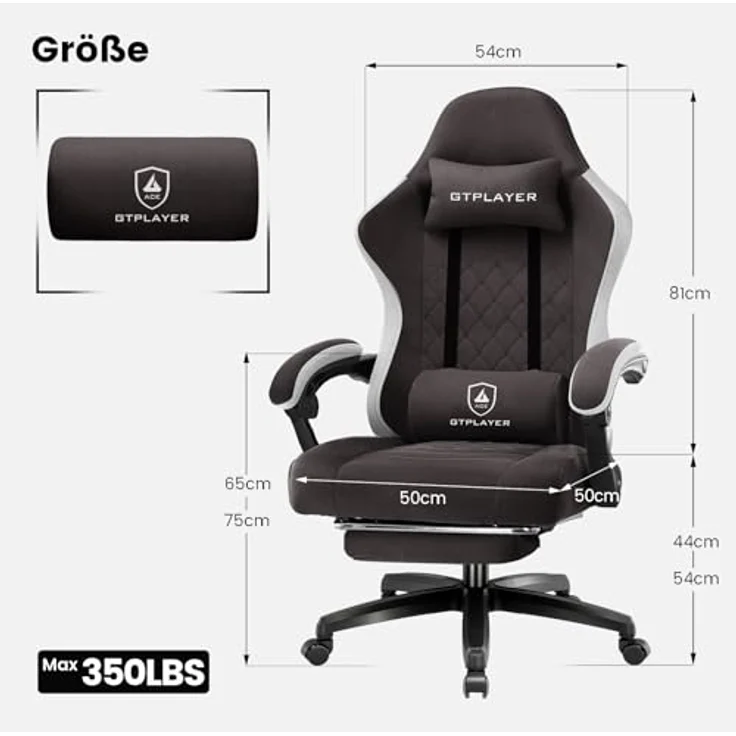 GTPLAYER Gaming-Stuhl Ergonomischer Gaming Sessel Schreibtischstuhl mit Stoffoberfläche (Pacekung), Federsitzkissen mit Fußstütze – Bild 3