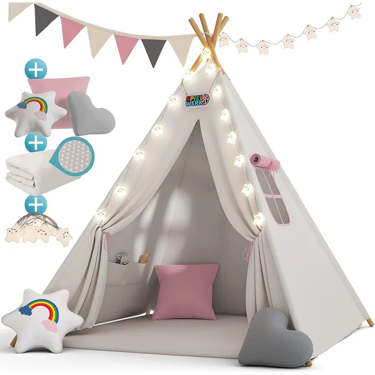 Spielwerk Kindertipi mit Lichterkette, Bodenmatte & Kissen, Baumwolle grau, 120 x 120 x 160 cm – Bild 9