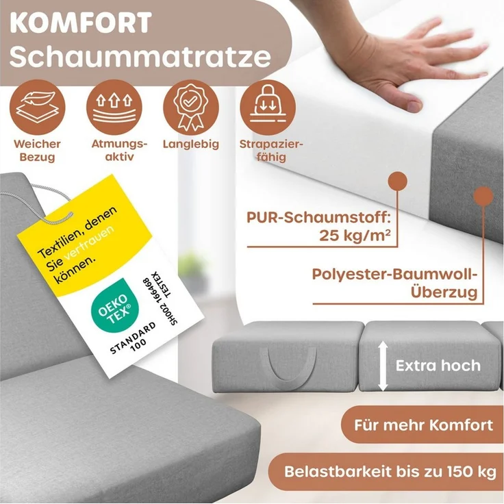 KESSER® Klappmatratze Gästematratze 3-fach Faltmatratze faltbar zum Sitzhocker | Schaumstoff 25kg/m³ extra dick 15cm atmungsaktiv waschbar abnehmbarer Bezug | Matratze inkl. Camping Tragetasche Grau, 75 x 195 x 15 cm – Bild 3