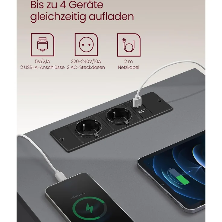 VASAGLE Nachttisch mit Steckdosenleiste, 2er Set, Beistelltisch, 3 Schubladen, 2 AC-Steckdosen, 2 USB-A-Anschlüsse, Wohnzimmer, Schlafzimmer, Arbeitszimmer, modern, schiefergrau-naturbraun LET831G01 – Bild 5