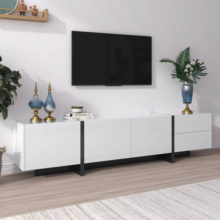 TV-Schrank 190x45x35 cm in Hochglanz Weiß und Schwarz mit Türen und Schubladen – Bild 5