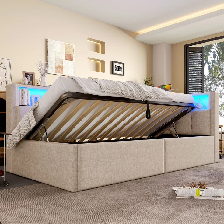 Stauraumbett mit LED-Beleuchtung, Lattenrost, Stauraum, Regal, USB und Type-C Anschlüssen, 90x200cm, Polsterbett, Einzelbett, Schlafsofa, Leinen – Bild 4