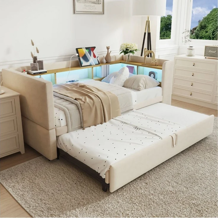 Odikalo Ausziehbett Polsterbett Jugendbett Stauraumbett Schlafsofa 90/180x190 Ablagefach – Bild 2