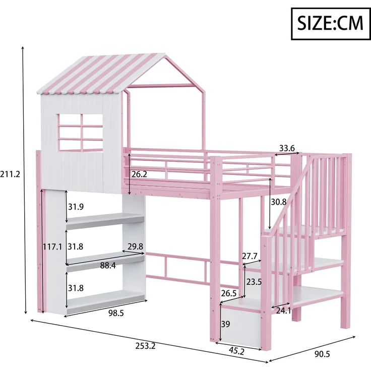 Merax Hochbett 90×200 cm, Kinderbett, Jugendbett, Hausdesign, Mehrstöckiges Stauraumregal, Sichere Treppe (montierbar links/rechts), Rosa – Bild 4
