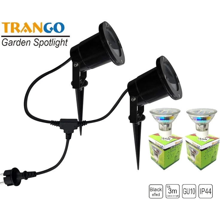 TRANGO LED Gartenstrahler, 2-flammig 3074B Strahler IP65 Außenleuchte *ELLA* inkl. 2x 3 Watt GU10 LED Leuchtmittel – 3000K warmweiß & 2 Meter Zuleitungskabel +1 Meter als Teichstrahler, Gartenlampe, Außenlampe, Wegbeleuchtung – Bild 4