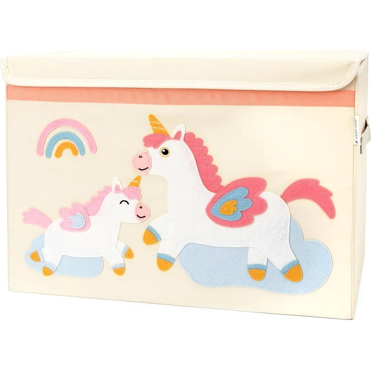 LUCKY SIGN - Aufbewahrungsbox Kinder Spielzeugkiste mit Deckel Wasserdicht und Waschbare Aufbewahrungskorb mit 2 Griffen Faltbare Spielzeug Box Organisator für Kinderzimmer, 51 x 36 x 36 cm - Einhorn