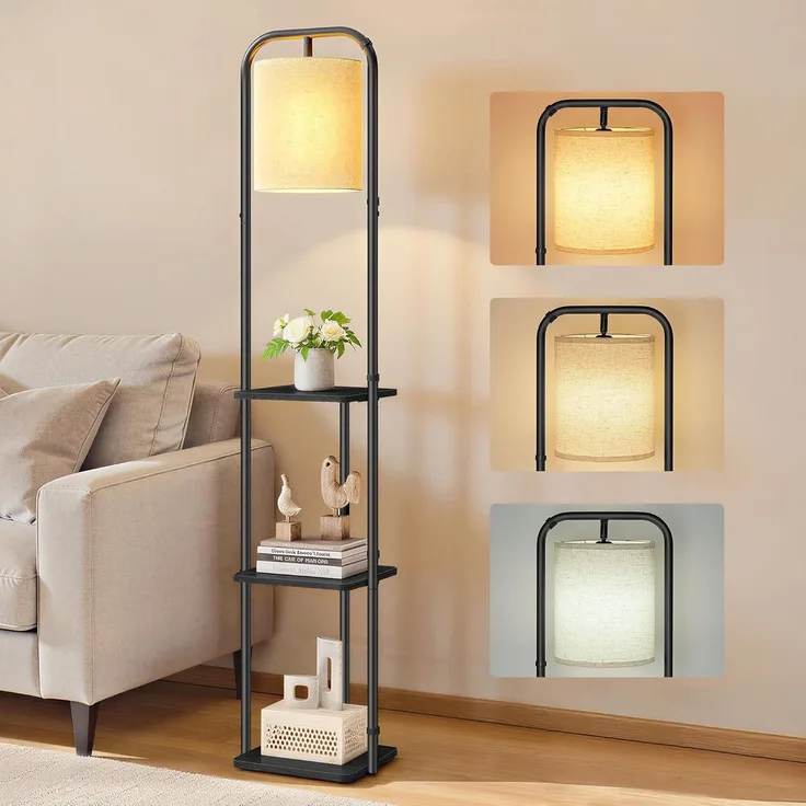 VASAGLE Stehlampe mit 3 Ablagen, Standleuchte, Stehleuchte, LED-Glühbirne inklusive, mit Fußschalter, Lampenschirm aus Stoff, für Wohnzimmer und Schlafzimmer, tintenschwarz