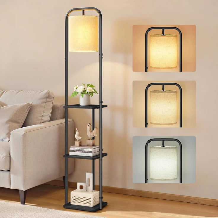 VASAGLE Stehlampe mit 3 Ablagen, Standleuchte, Stehleuchte, LED-Glühbirne inklusive, mit Fußschalter, Lampenschirm aus Stoff, für Wohnzimmer und Schlafzimmer, tintenschwarz