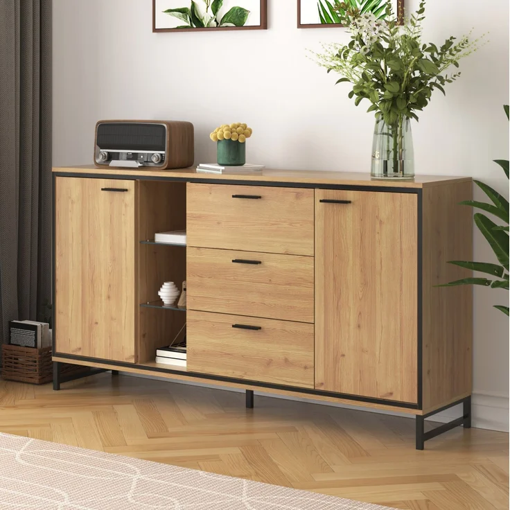 DESVIAE Sideboard mit LED-Beleuchtung, verstellbaren Regalböden, 160x85x40 cm, Spanplatte und MDF, Naturholz und Schwarz – Bild 5