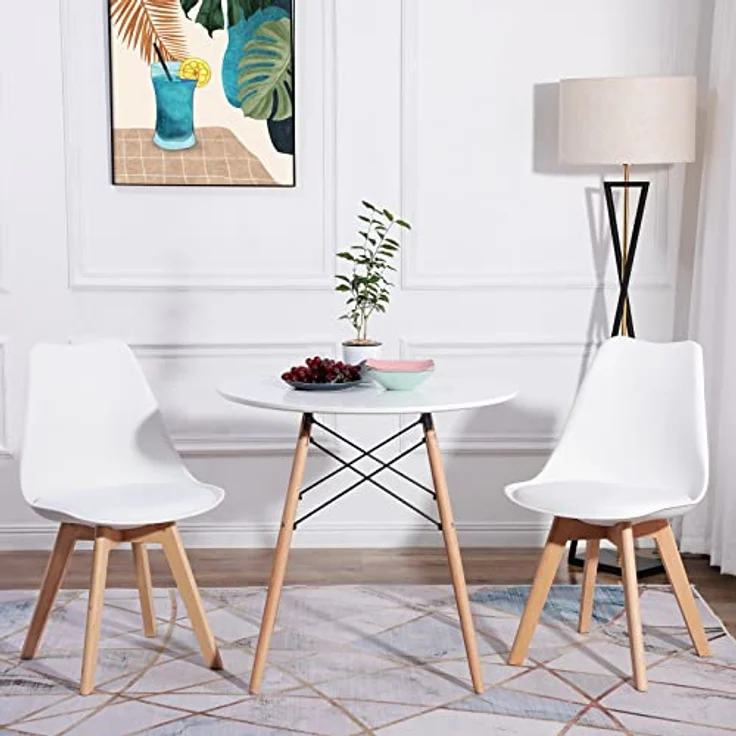 EGGREE 4er Set Esszimmerstühle mit Massivholz Buche Bein, Retro Design Gepolsterter Stuhl Küchenstuhl Holz, Weiß – Bild 7