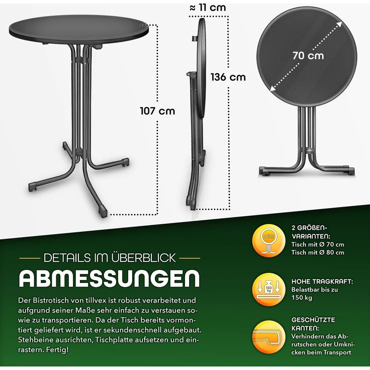 tillvex® Gastro Stehtisch klappbar Ø70cm anthrazit | Bistrotisch FERTIG MONTIERT | Klapptisch rund - wetterfester Partytisch | Gartentisch Indoor & Outdoor – Bild 5